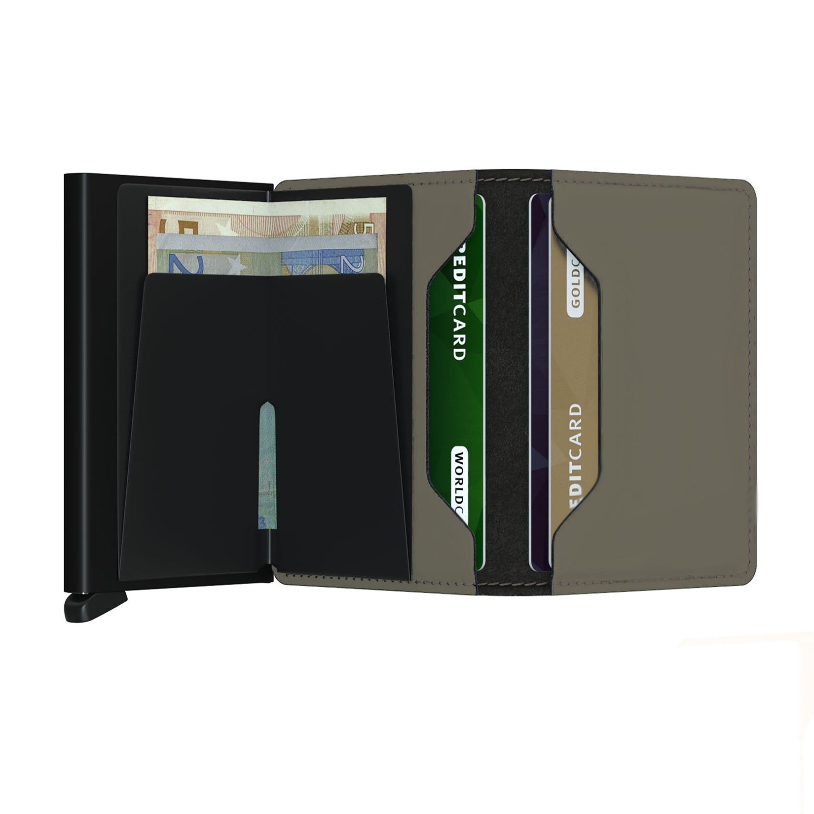 Slimwallet matte green open with banknotes